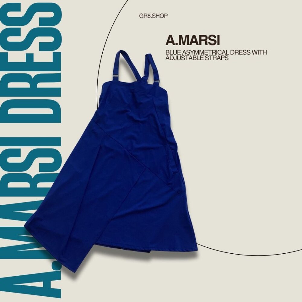 A.Marsi Blue Asymmetrical Dress With Adjustable Straps & Pockets Size L Made In